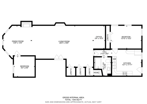 Floor plan for 2 beds, 1 bath, 1500 sqft